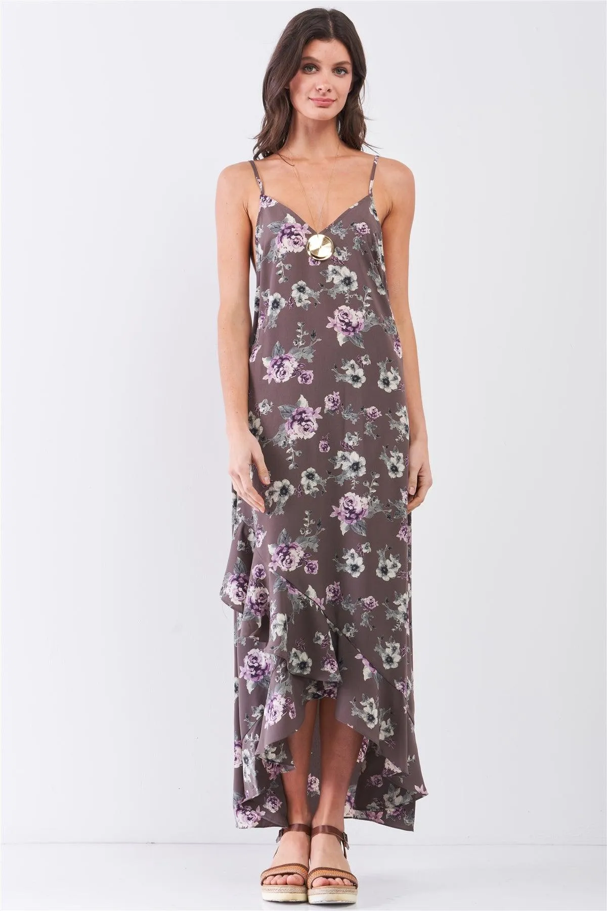 Grey Multi Floral Print Sleeveless V-Neck Asymmetrical Wrap Ruffle Trim Maxi Dress /2-2-1-1