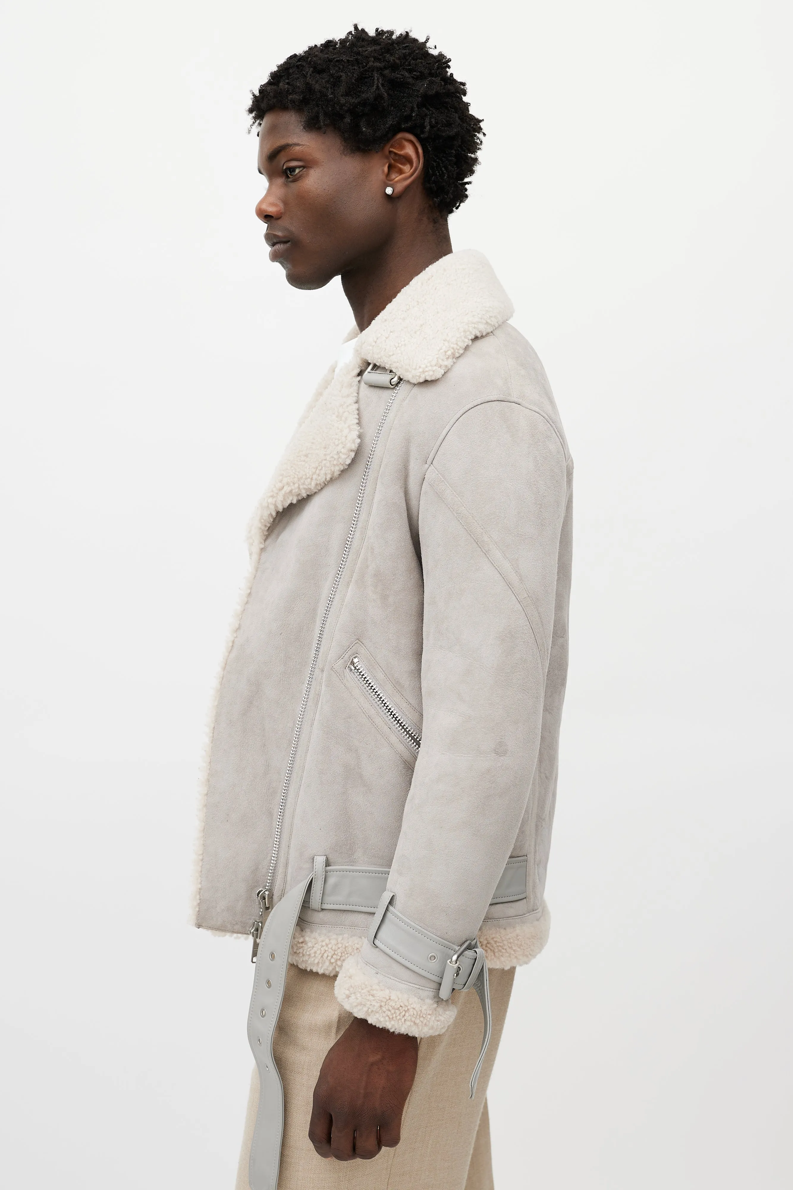 Grey Suede Shearling Biker Jacket