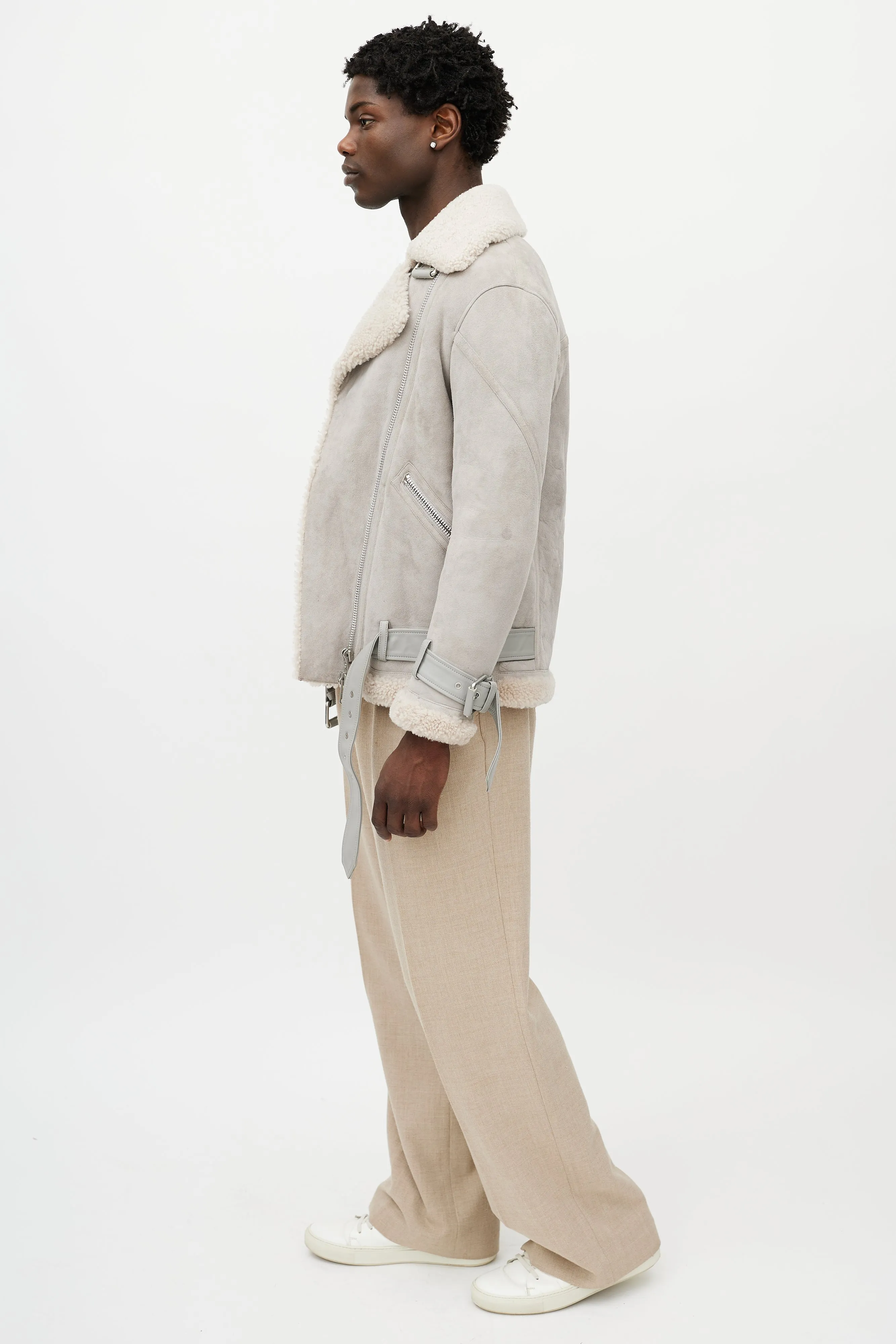 Grey Suede Shearling Biker Jacket