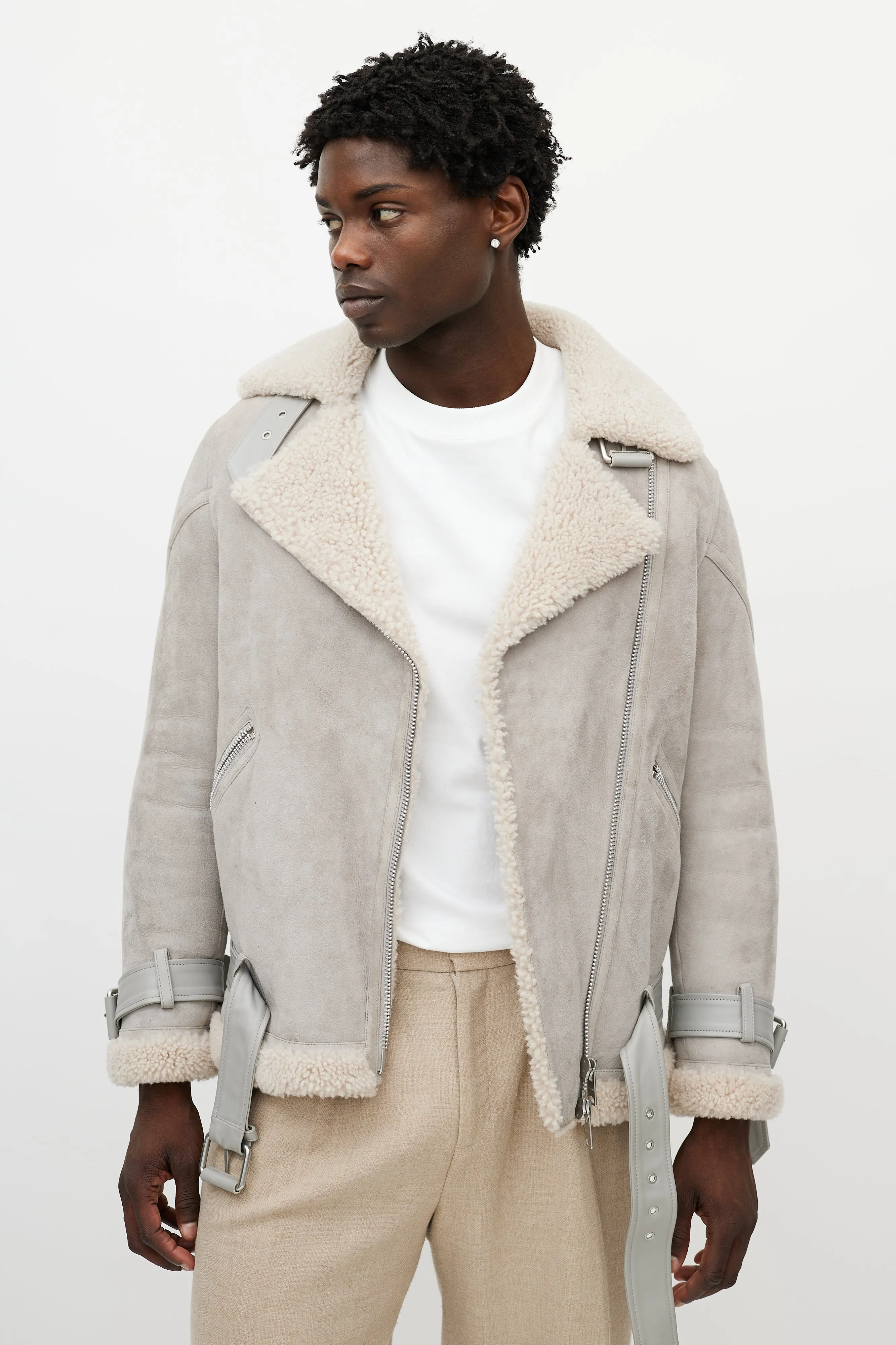 Grey Suede Shearling Biker Jacket