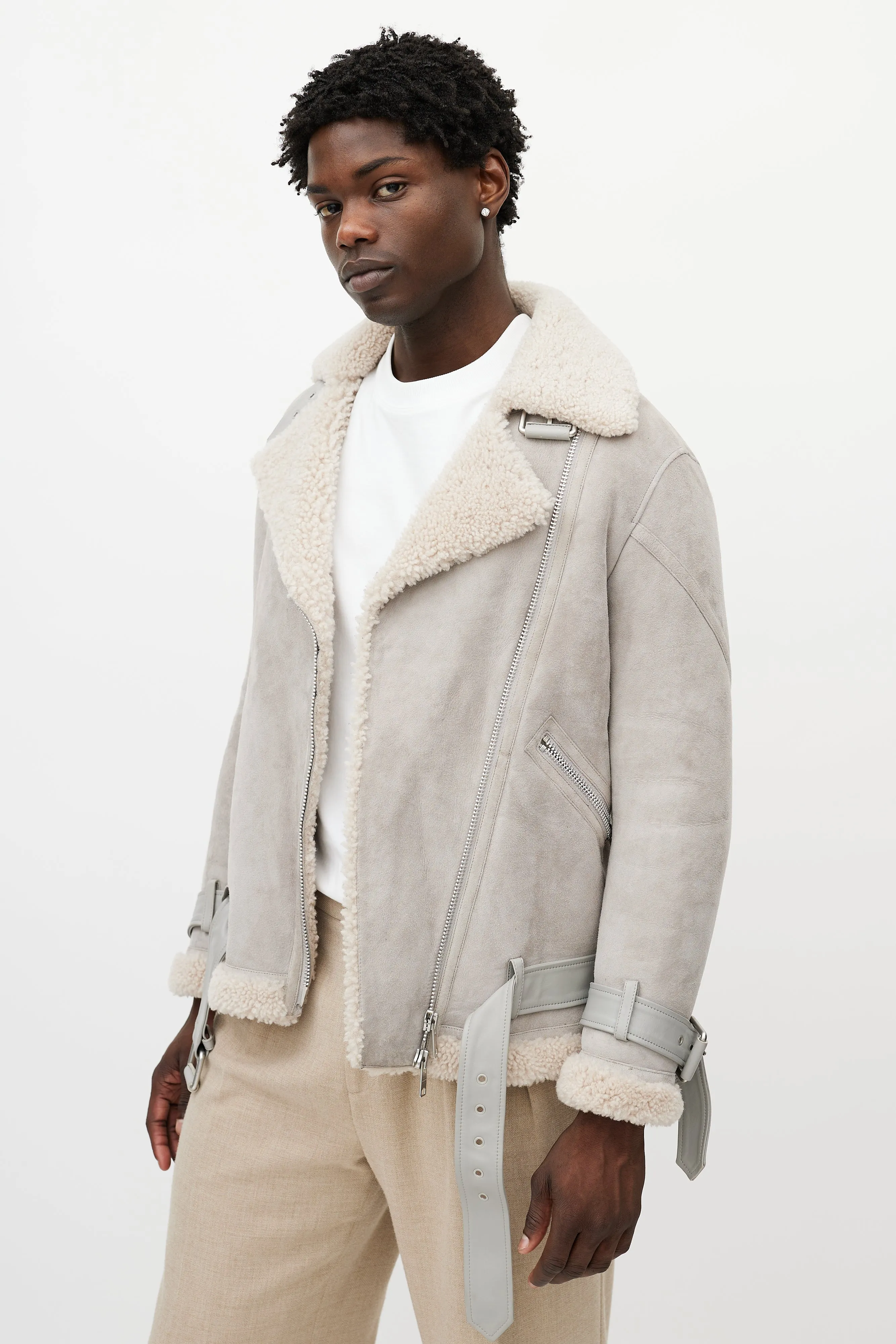 Grey Suede Shearling Biker Jacket