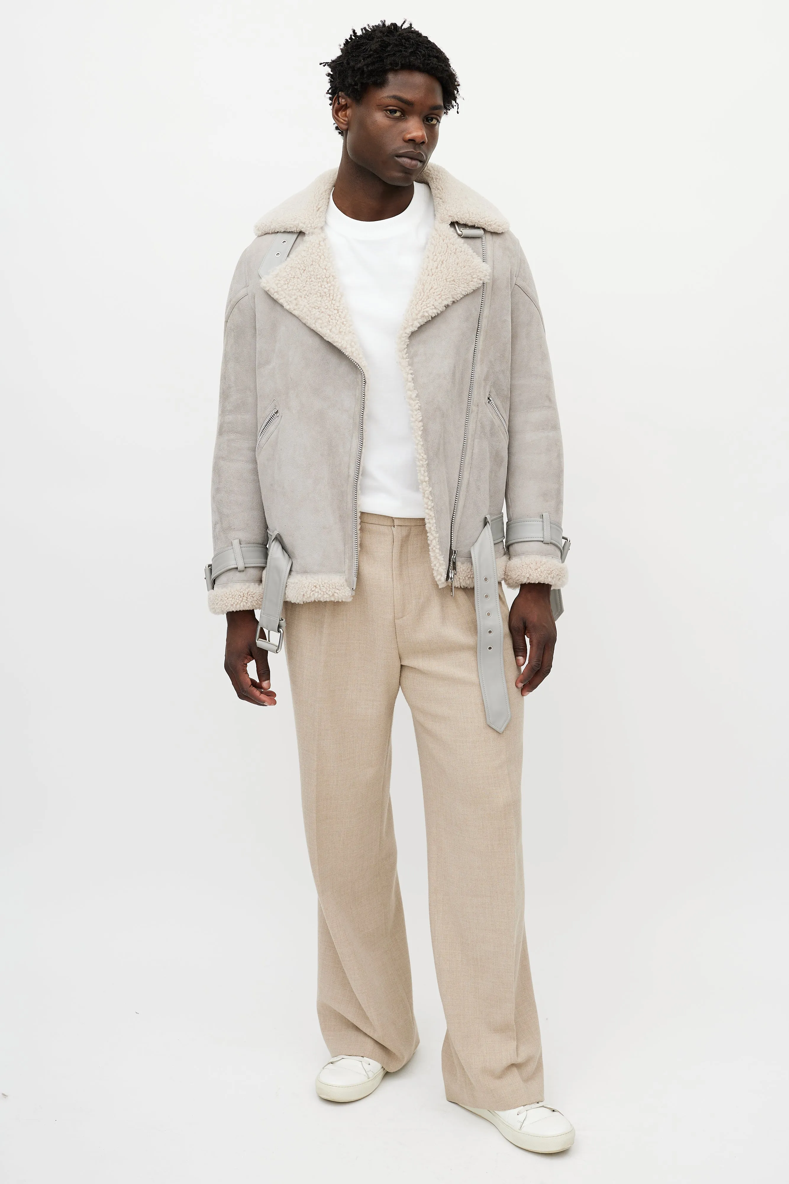 Grey Suede Shearling Biker Jacket
