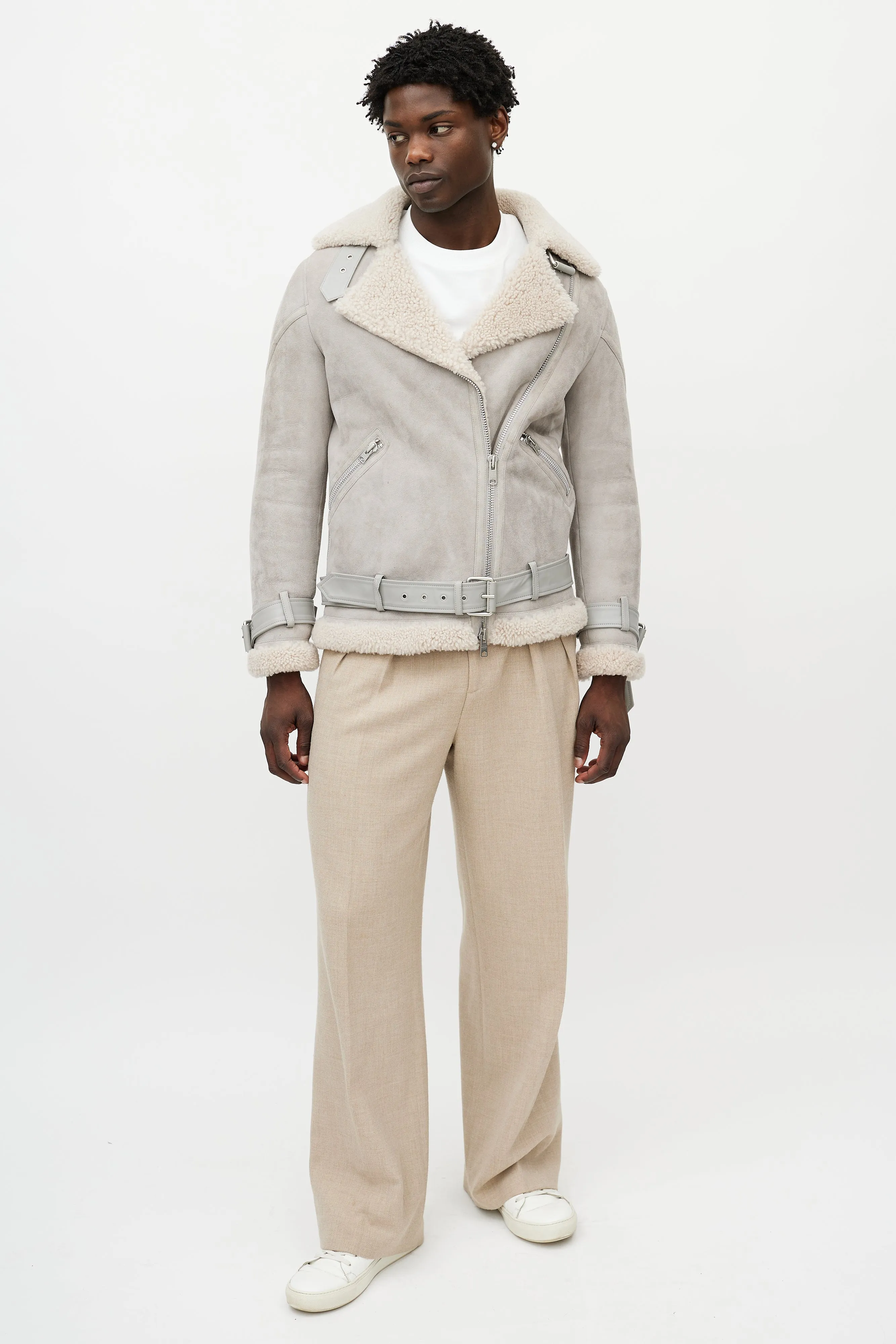 Grey Suede Shearling Biker Jacket