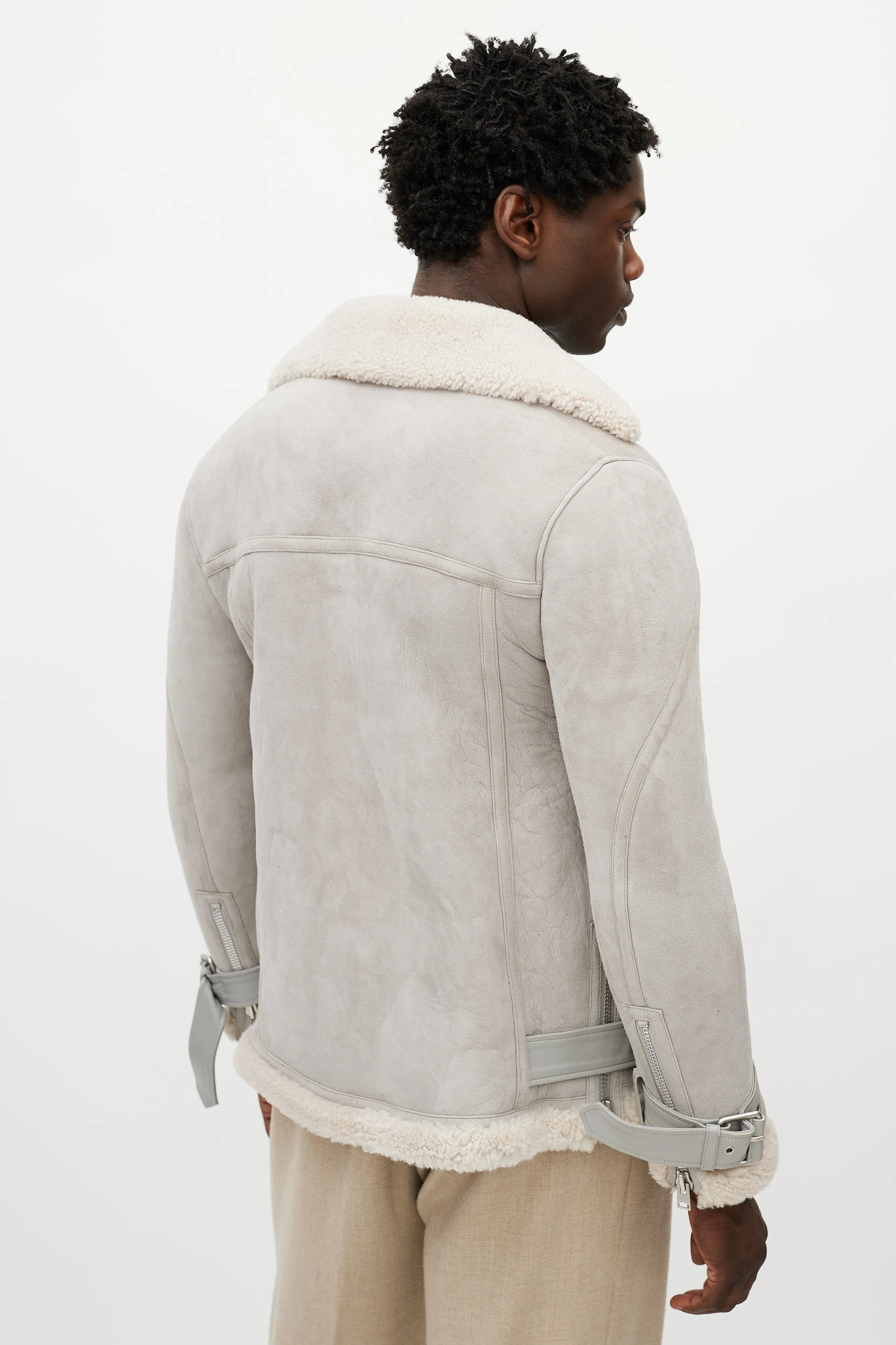 Grey Suede Shearling Biker Jacket