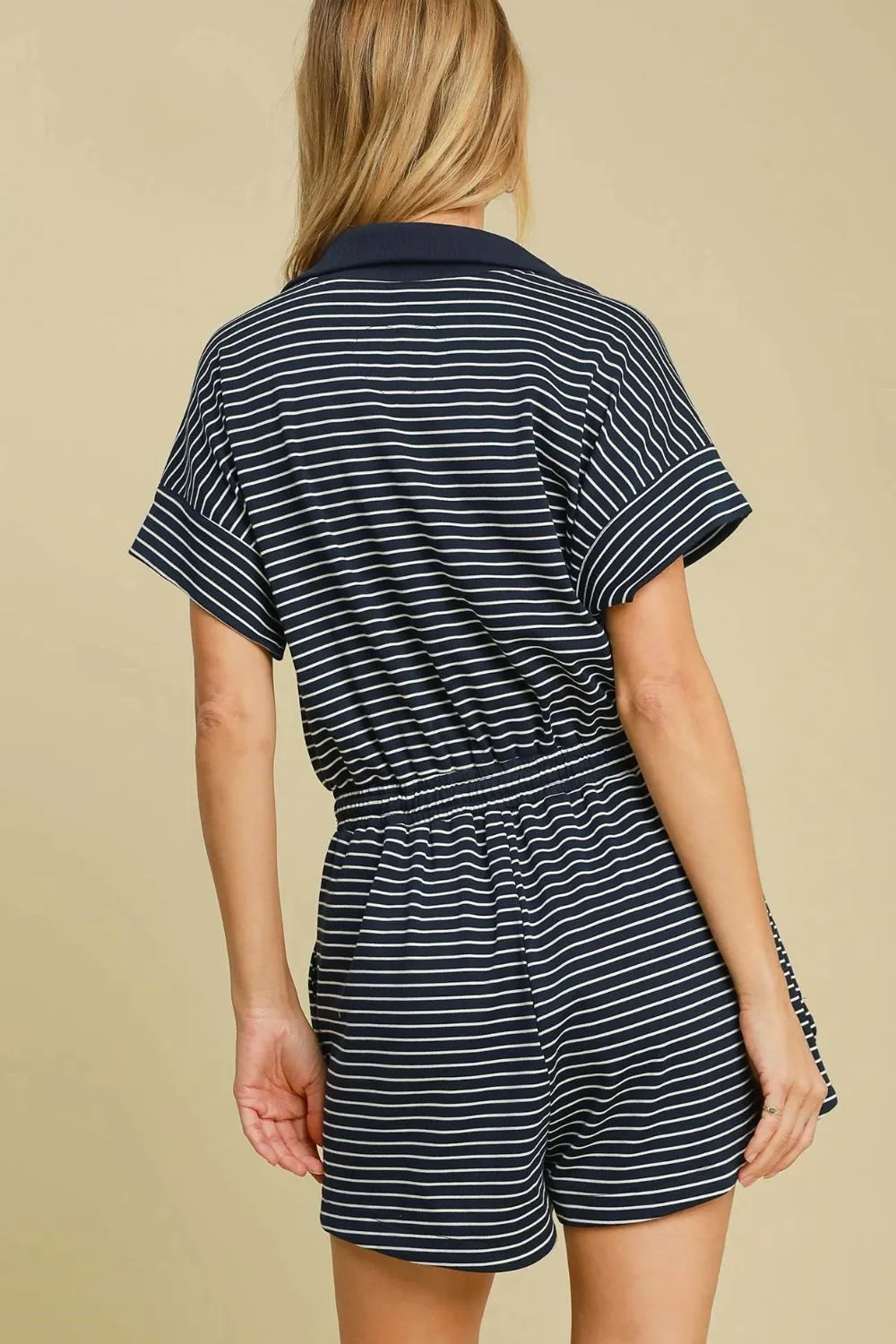Half-Zip Striped Romper – Casual Drawstring Waist One-Piece with Pockets
