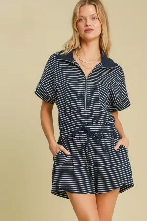 Half-Zip Striped Romper – Casual Drawstring Waist One-Piece with Pockets