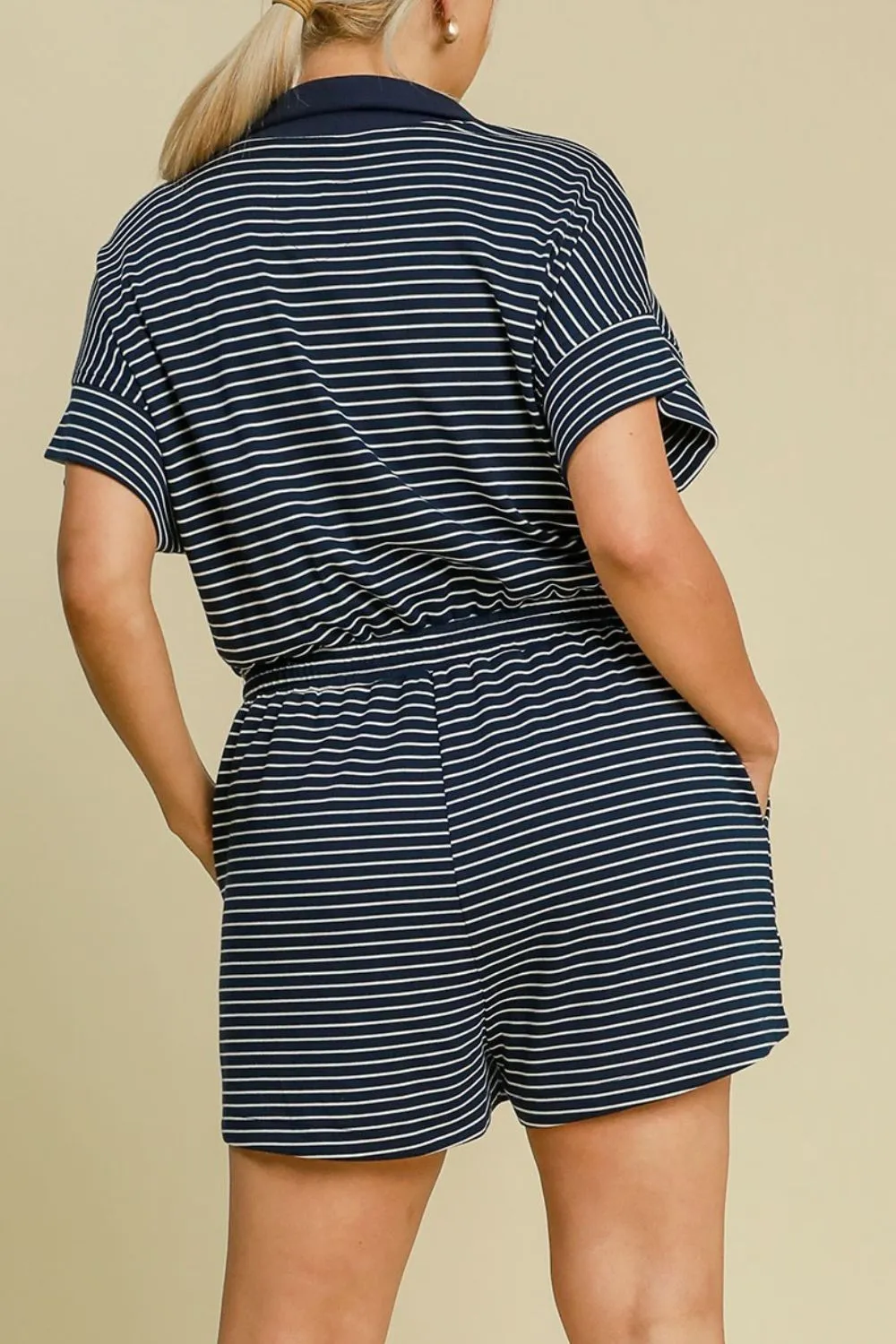 Half-Zip Striped Romper – Casual Drawstring Waist One-Piece with Pockets