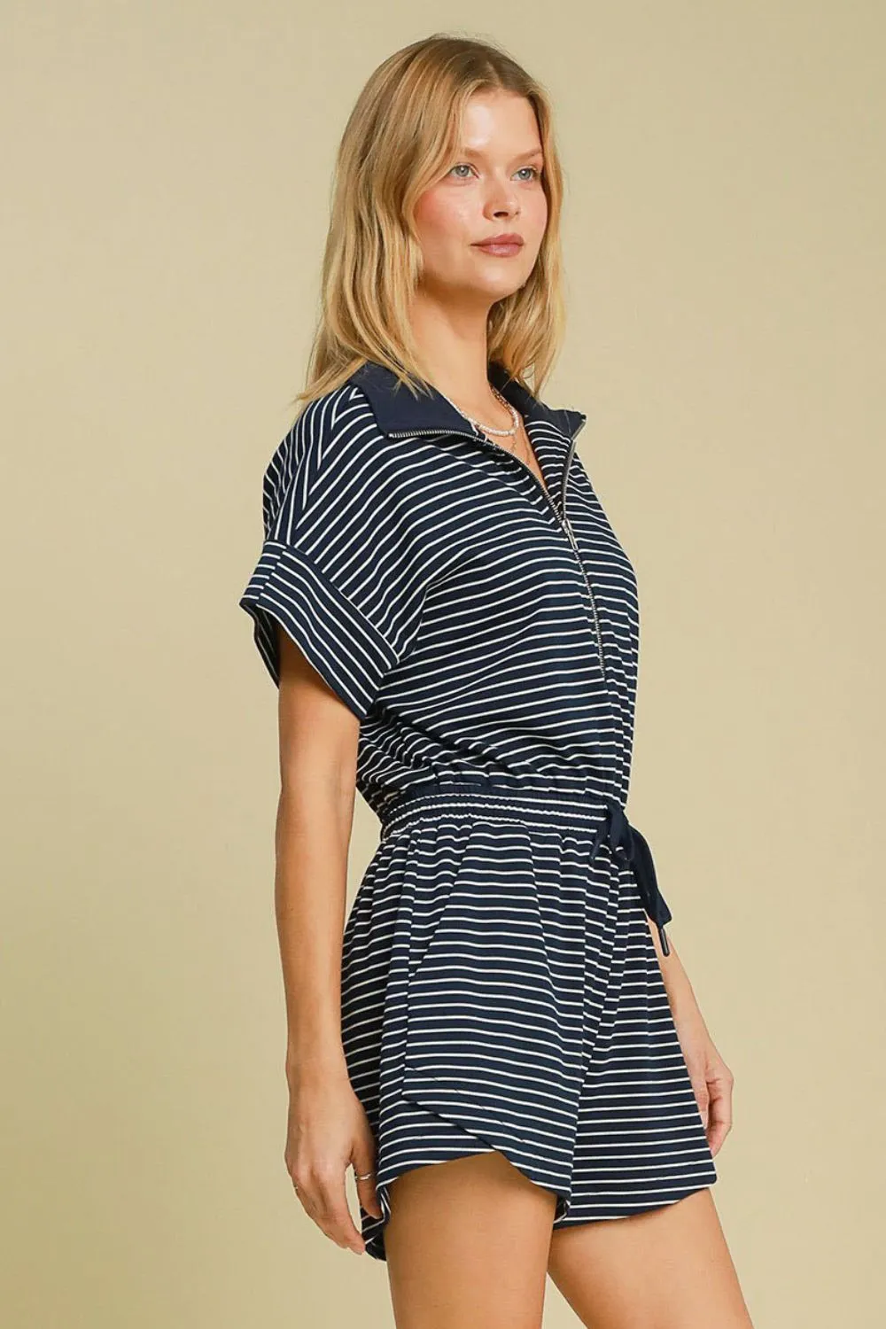 Half-Zip Striped Romper – Casual Drawstring Waist One-Piece with Pockets