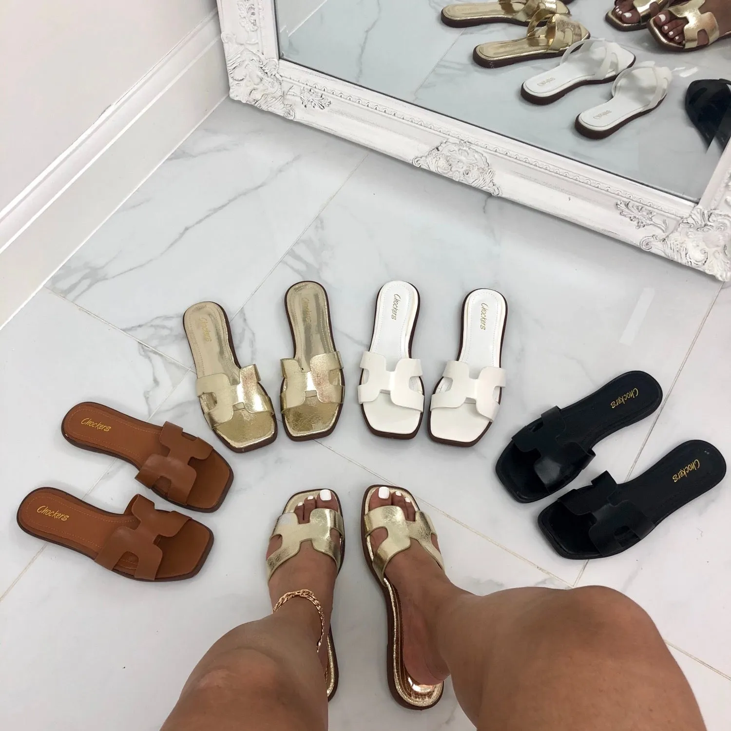 Harriet - White H Style Square Toe Slip On Flat Sandals