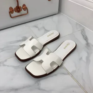 Harriet - White H Style Square Toe Slip On Flat Sandals