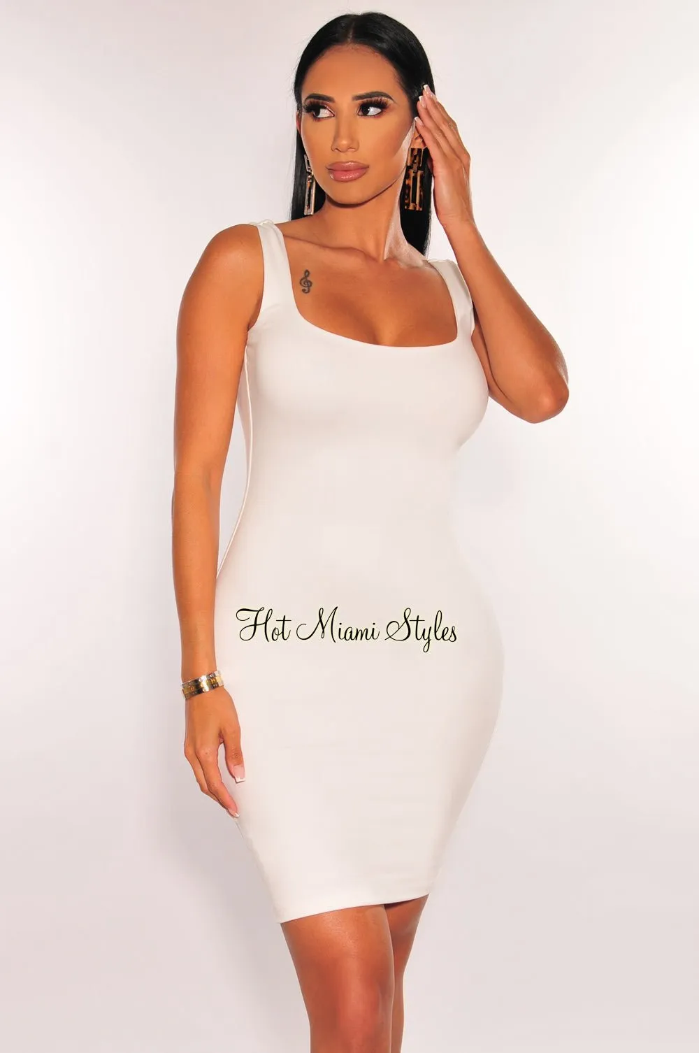 HMS Essential: White Sleeveless Round Neck Scoop Back Mini Dress