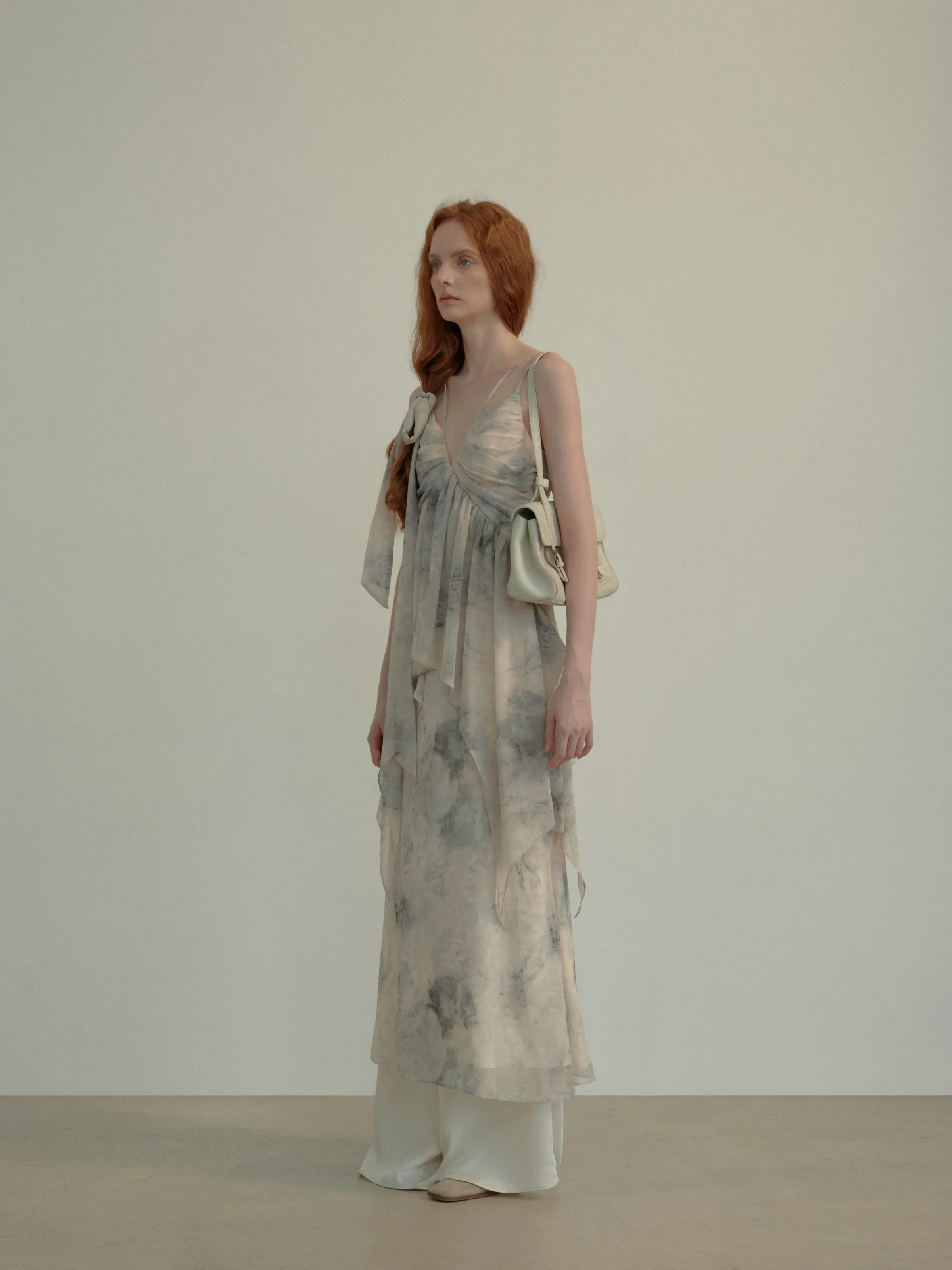 Ink-Print Ruched Slip Dress