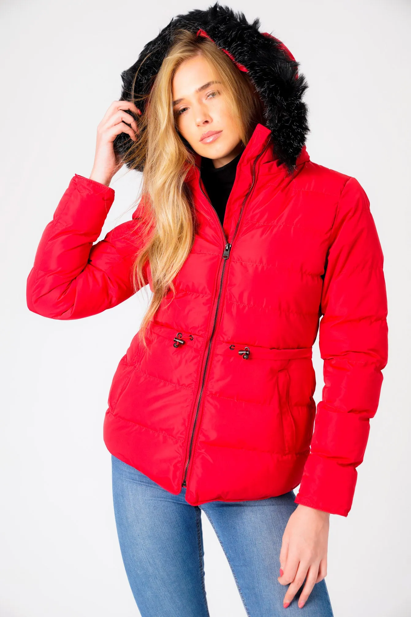 Jasmin Quilted Puffer Jacket With Faux Fur Trim Hood In Crimson - Tokyo Laundry