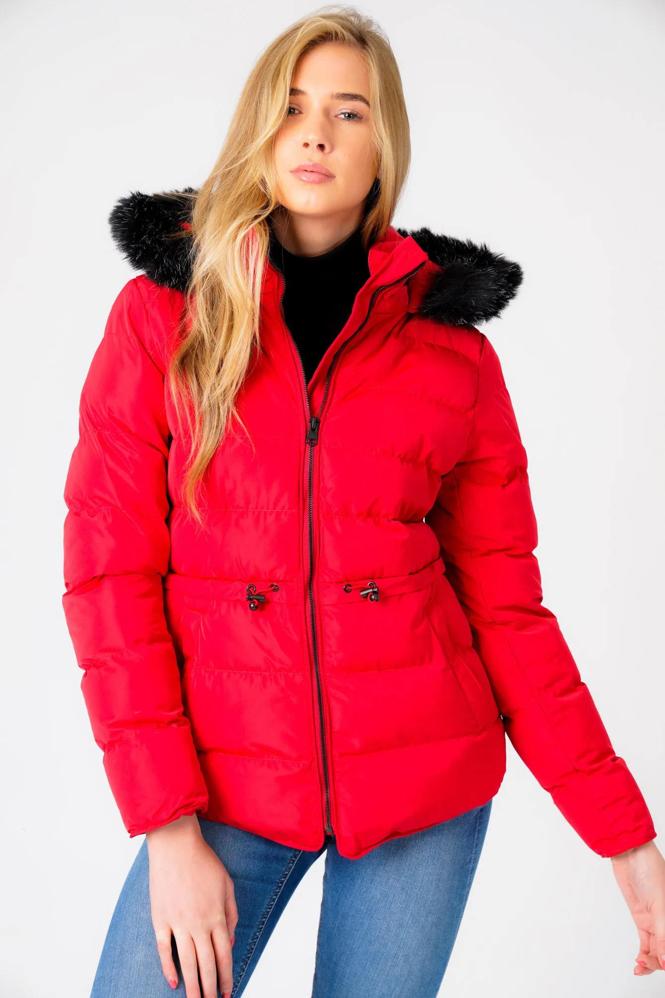 Jasmin Quilted Puffer Jacket With Faux Fur Trim Hood In Crimson - Tokyo Laundry