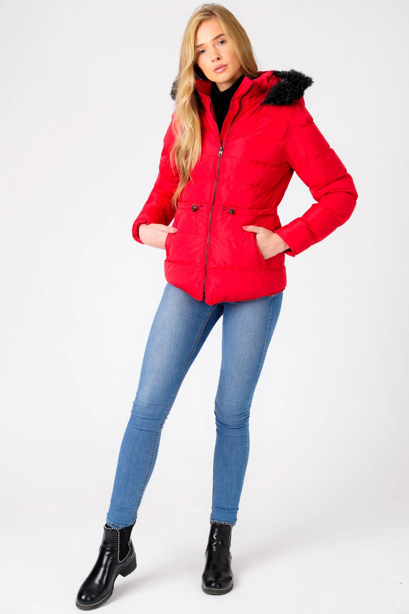 Jasmin Quilted Puffer Jacket With Faux Fur Trim Hood In Crimson - Tokyo Laundry