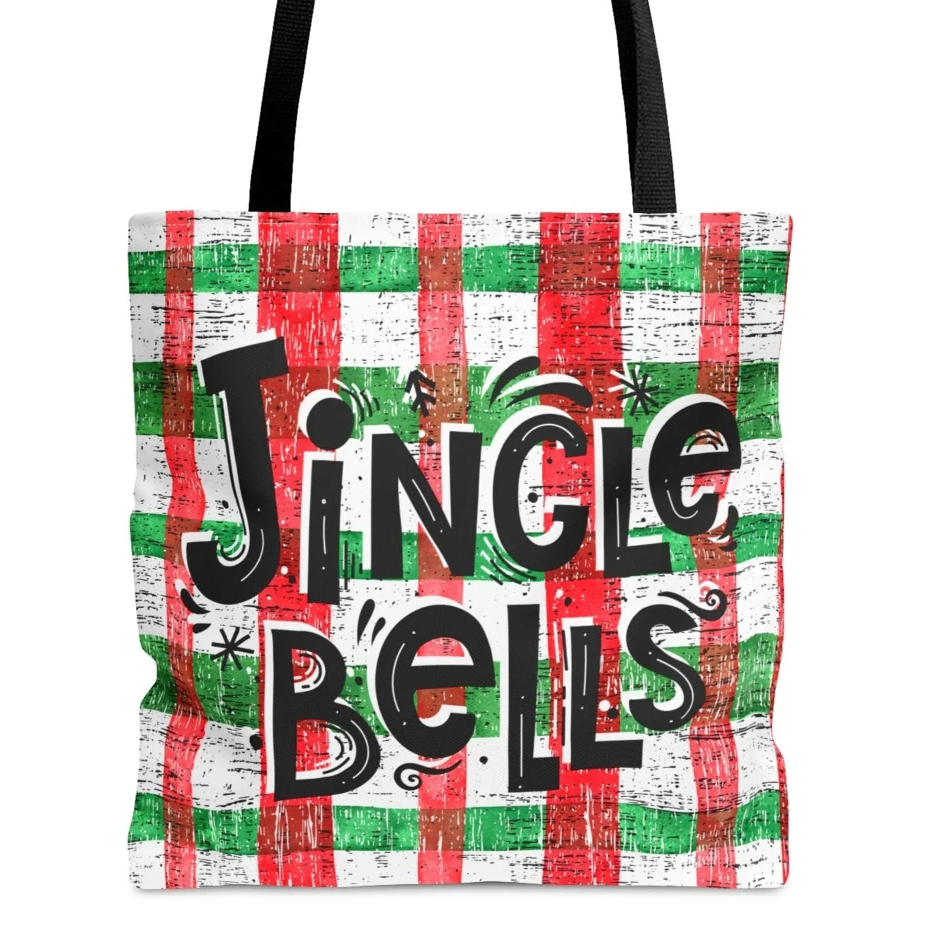 Jingle Bells Red & Green Plaid Large Tote Bag: Festive Holiday Carryall