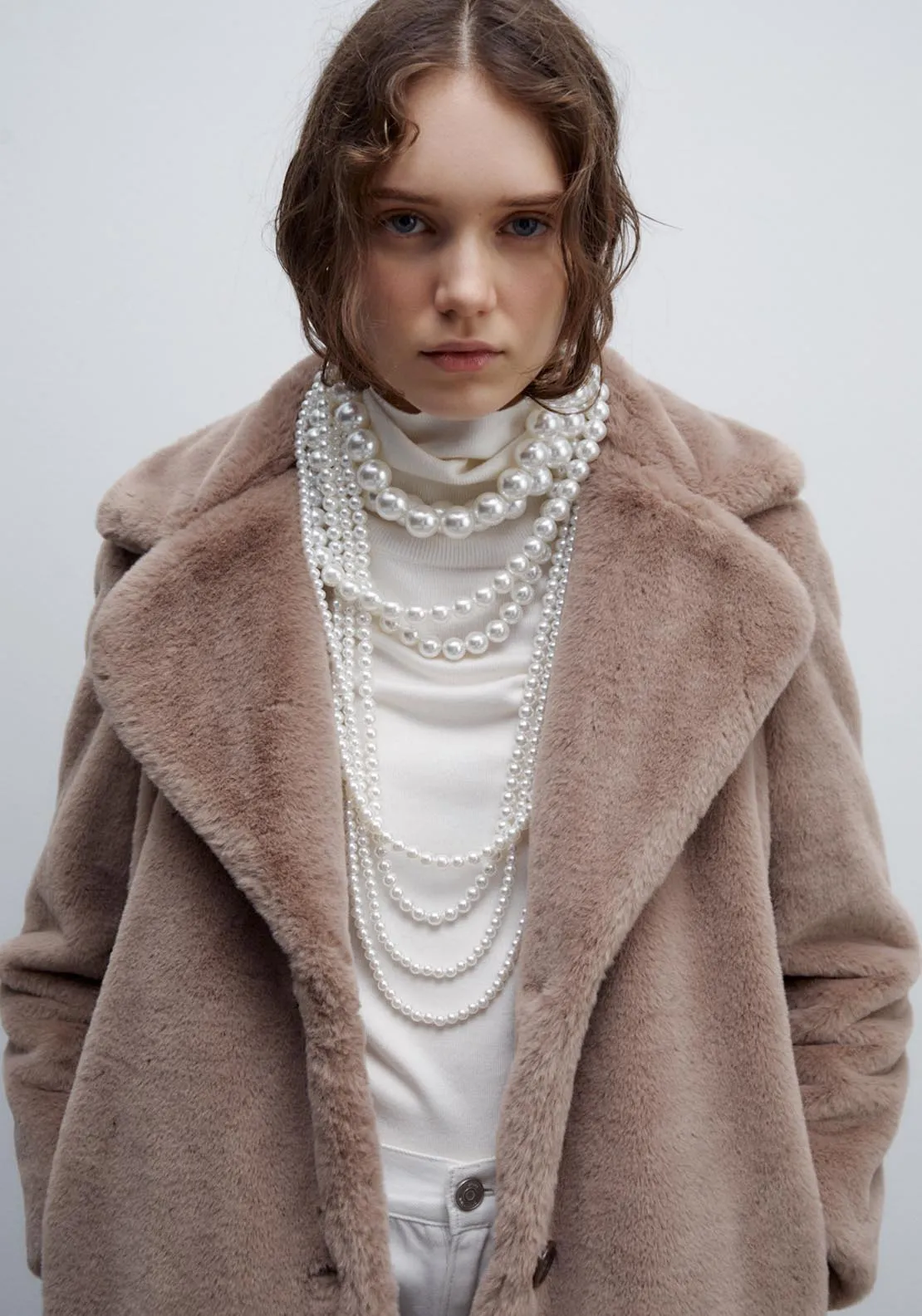 Lapel collar fur coat - Taupe