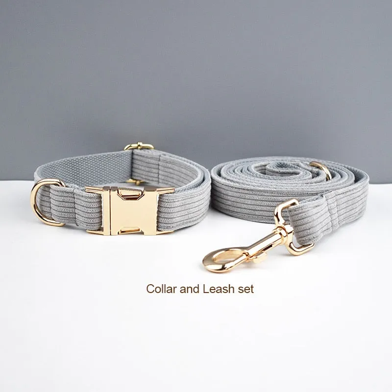 Light Grey Corduroy Dog Collar And Leash With Custom Engraved Nameplate