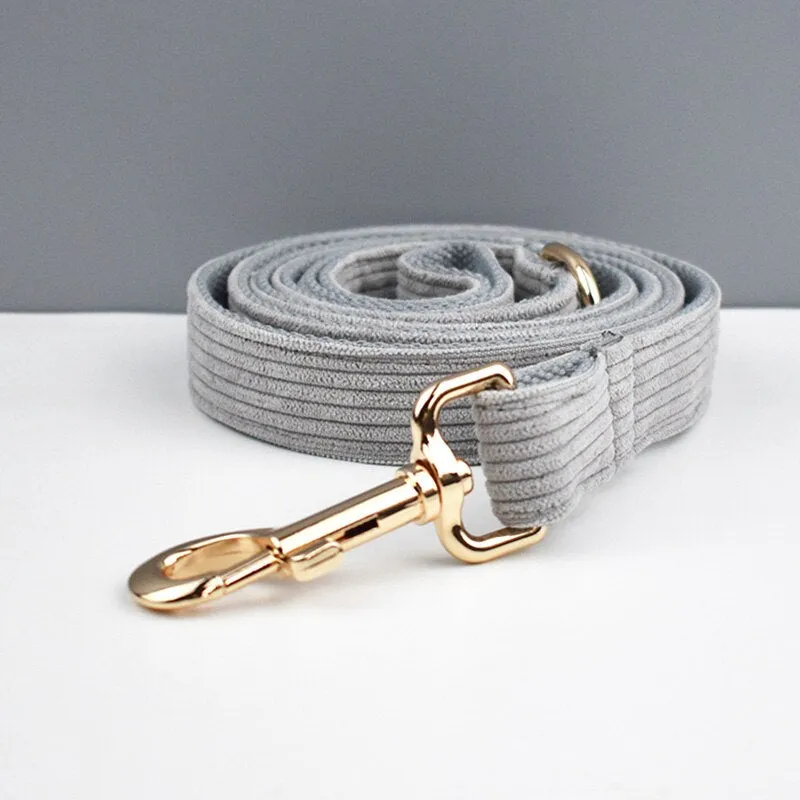 Light Grey Corduroy Dog Collar And Leash With Custom Engraved Nameplate