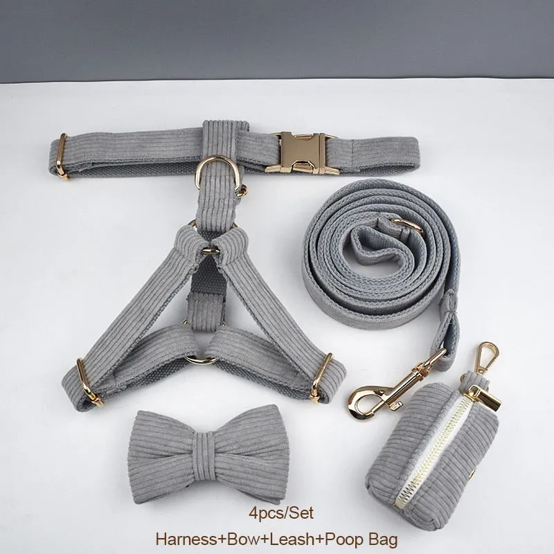 Light Grey Corduroy Dog Collar And Leash With Custom Engraved Nameplate