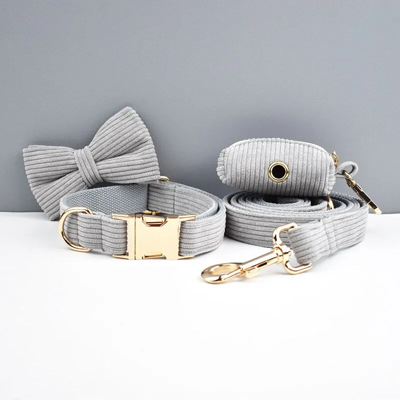 Light Grey Corduroy Dog Collar And Leash With Custom Engraved Nameplate