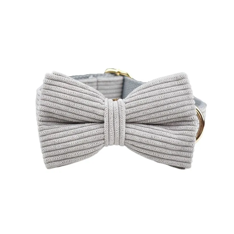 Light Grey Corduroy Dog Collar And Leash With Custom Engraved Nameplate