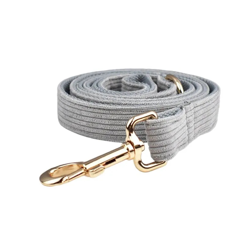 Light Grey Corduroy Dog Collar And Leash With Custom Engraved Nameplate