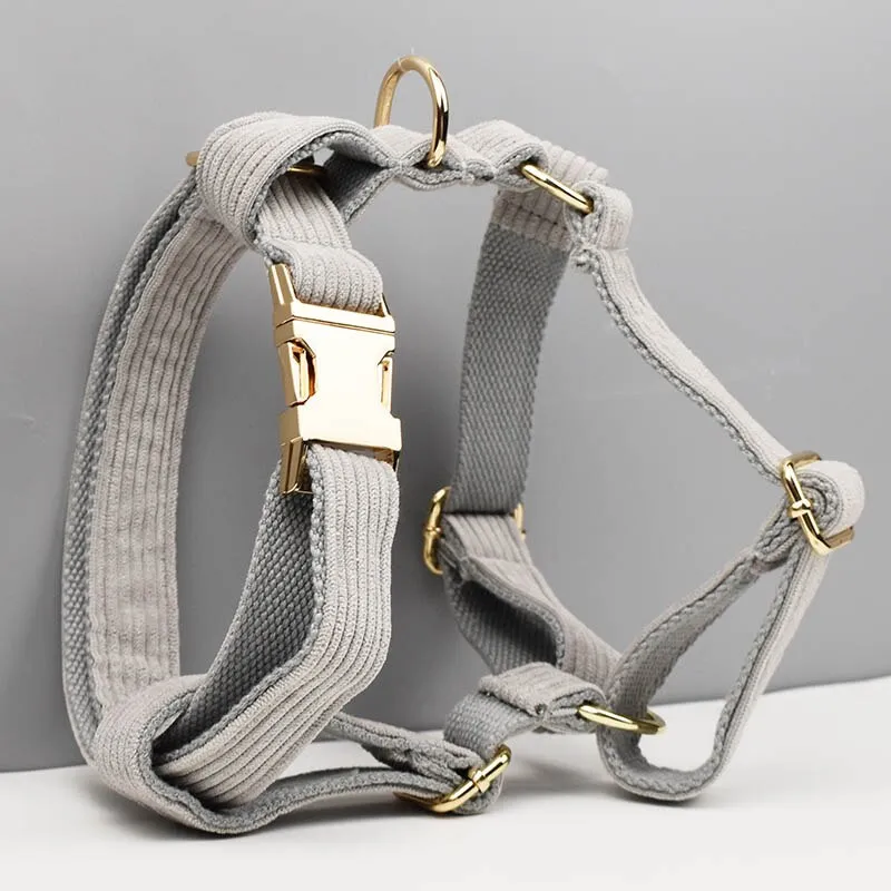 Light Grey Corduroy Dog Collar And Leash With Custom Engraved Nameplate