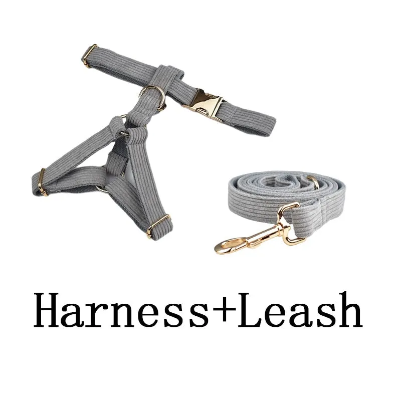Light Grey Corduroy Dog Collar And Leash With Custom Engraved Nameplate