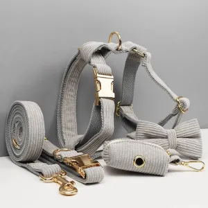 Light Grey Corduroy Dog Collar And Leash With Custom Engraved Nameplate