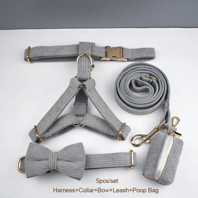 Light Grey Corduroy Dog Collar And Leash With Custom Engraved Nameplate