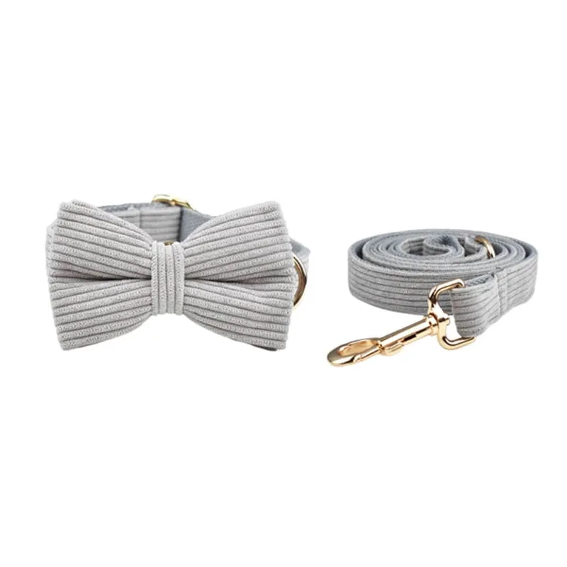 Light Grey Corduroy Dog Collar And Leash With Custom Engraved Nameplate
