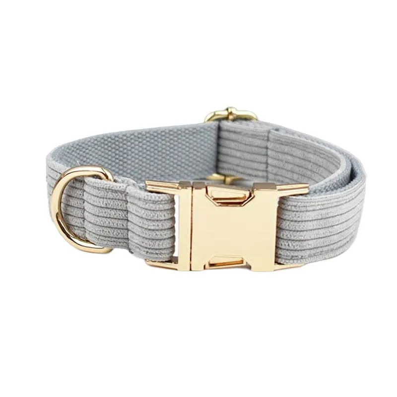 Light Grey Corduroy Dog Collar And Leash With Custom Engraved Nameplate