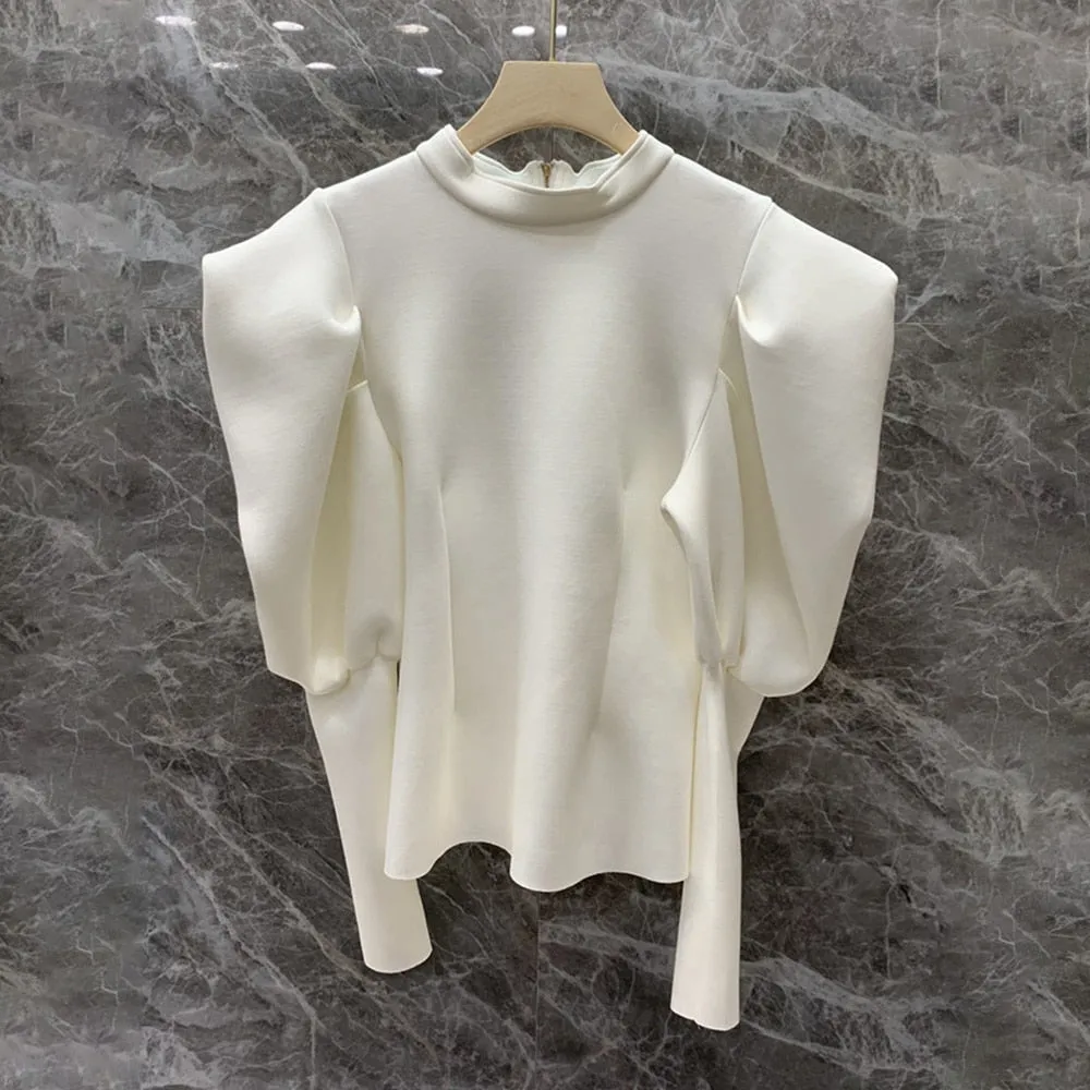 Loose Zipper Solid Sweatshirt For Women Round Neck Puff Sleeve Minimalist Casual Sweatshirts Female Clothing Autumn