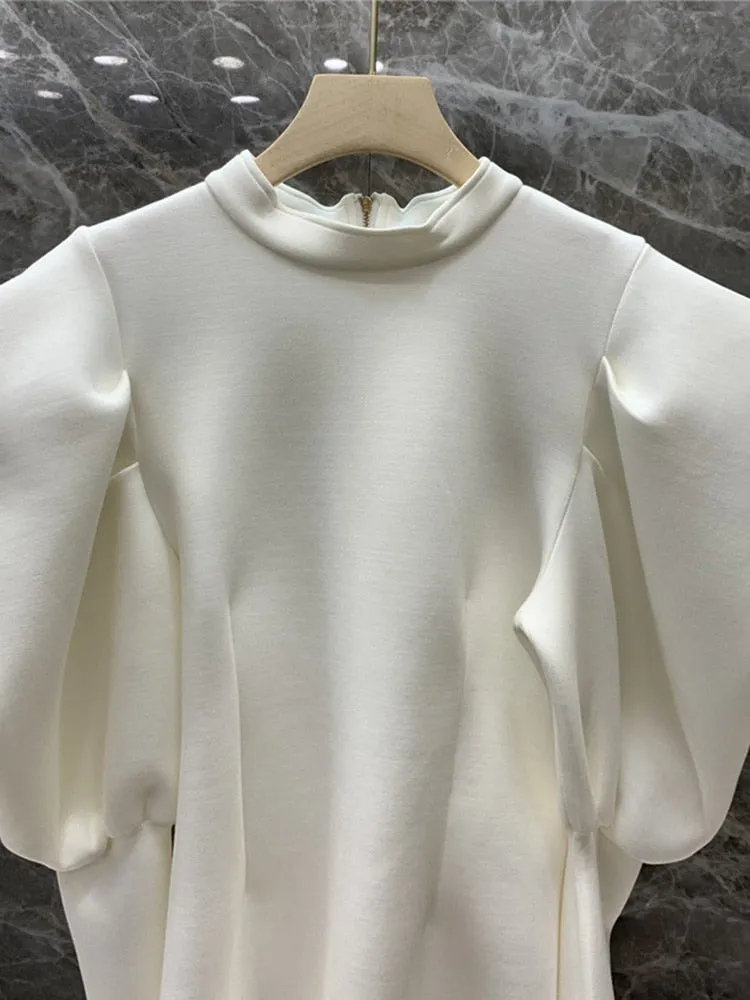Loose Zipper Solid Sweatshirt For Women Round Neck Puff Sleeve Minimalist Casual Sweatshirts Female Clothing Autumn