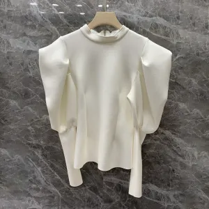 Loose Zipper Solid Sweatshirt For Women Round Neck Puff Sleeve Minimalist Casual Sweatshirts Female Clothing Autumn