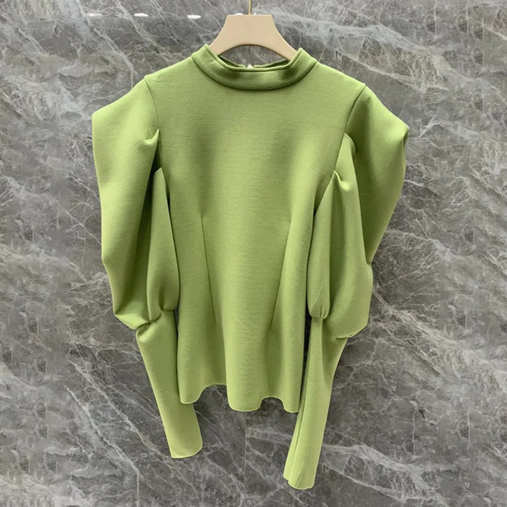 Loose Zipper Solid Sweatshirt For Women Round Neck Puff Sleeve Minimalist Casual Sweatshirts Female Clothing Autumn