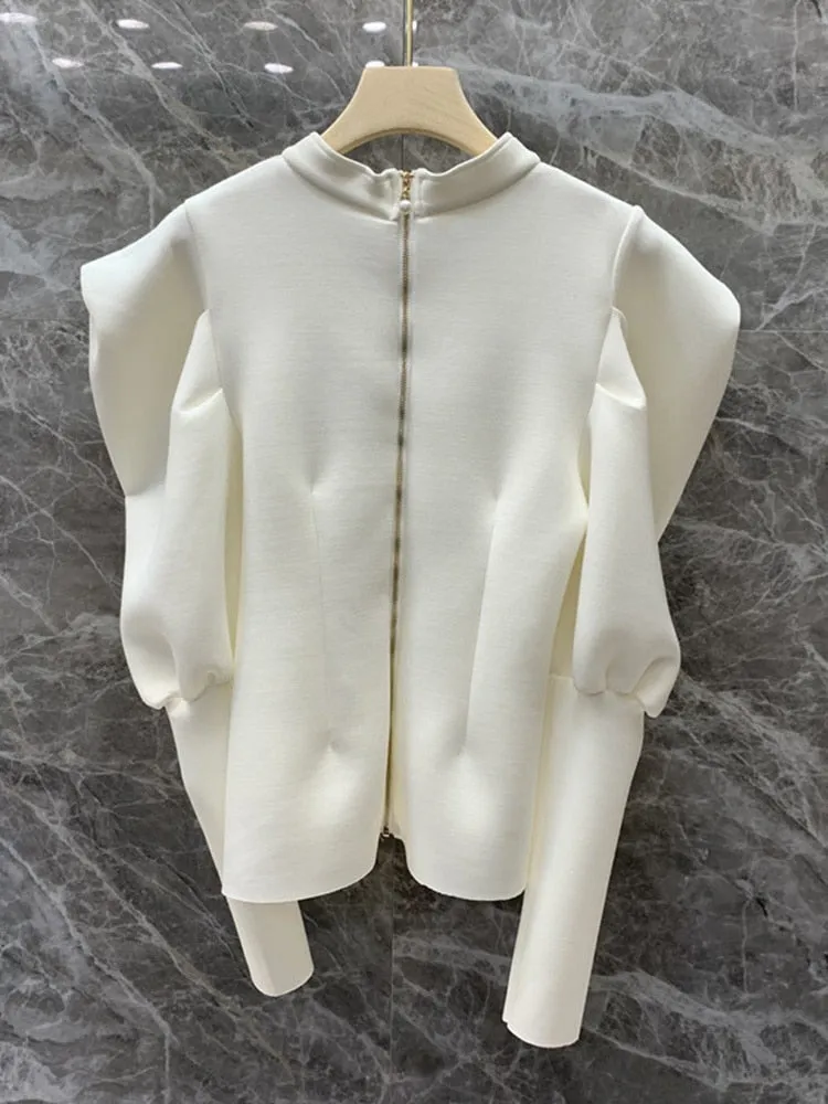 Loose Zipper Solid Sweatshirt For Women Round Neck Puff Sleeve Minimalist Casual Sweatshirts Female Clothing Autumn