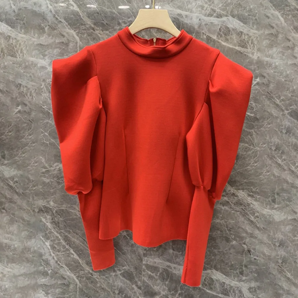Loose Zipper Solid Sweatshirt For Women Round Neck Puff Sleeve Minimalist Casual Sweatshirts Female Clothing Autumn