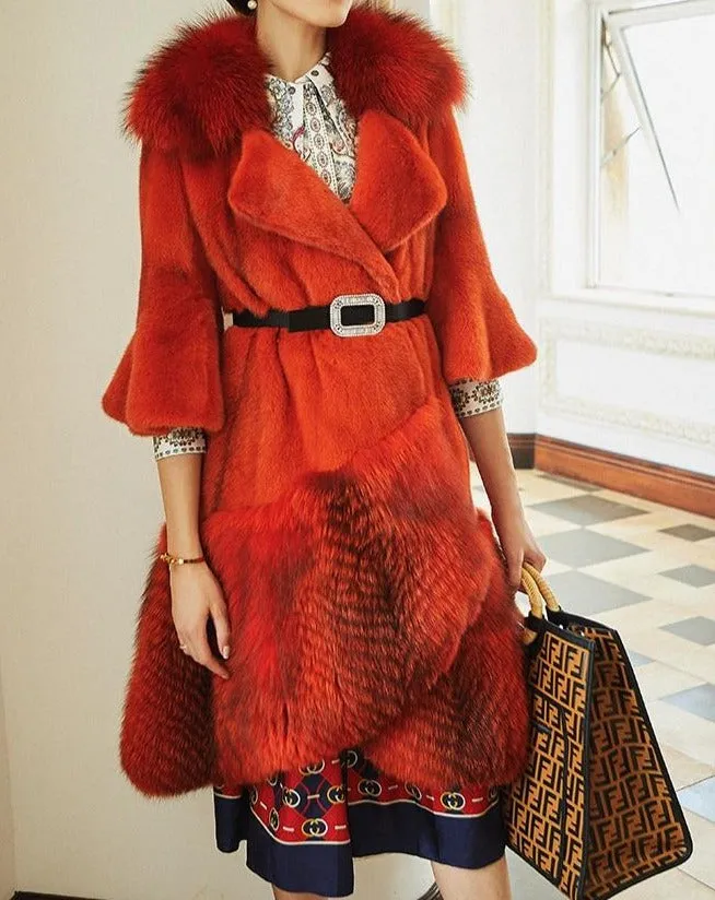 Luxury Natural Mink Fur Coat With Fox Fur Collar Waist Belt Mink Fur Jacket
