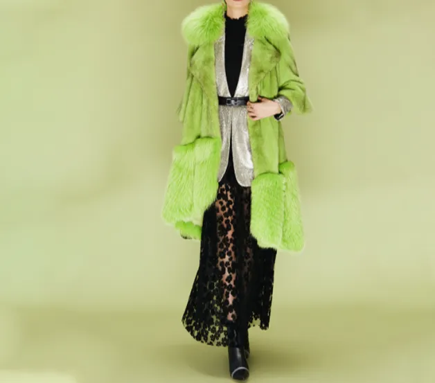 Luxury Natural Mink Fur Coat With Fox Fur Collar Waist Belt Mink Fur Jacket