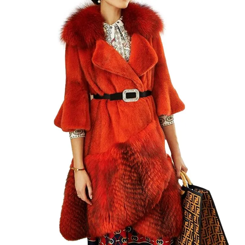 Luxury Natural Mink Fur Coat With Fox Fur Collar Waist Belt Mink Fur Jacket
