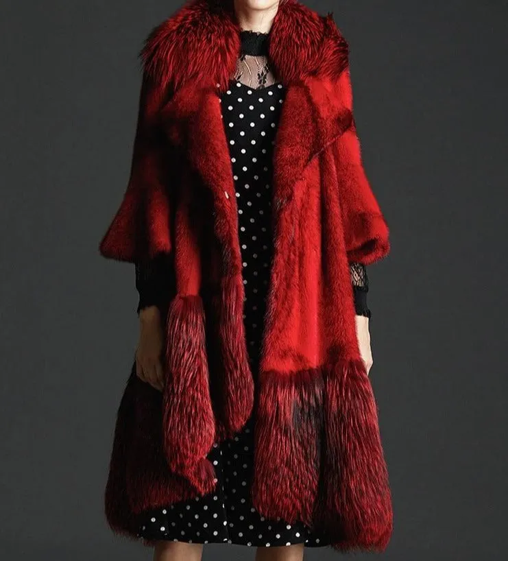 Luxury Natural Mink Fur Coat With Fox Fur Collar Waist Belt Mink Fur Jacket