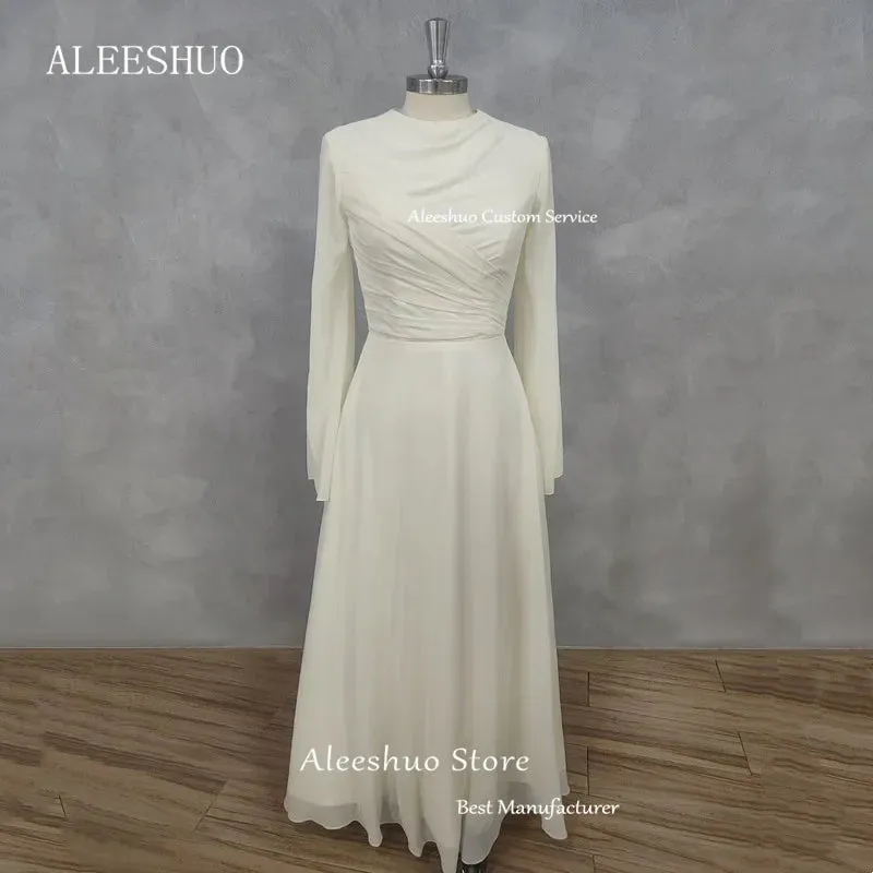 LVSANW Aleeshuo Simple Saudi Arabia Solid color Long Sleeve Vestidos De Noche A-Line Pleated Chiffon O-Neck Prom Dress Ankle-Length