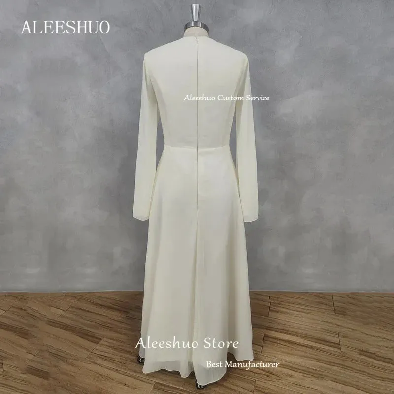 LVSANW Aleeshuo Simple Saudi Arabia Solid color Long Sleeve Vestidos De Noche A-Line Pleated Chiffon O-Neck Prom Dress Ankle-Length