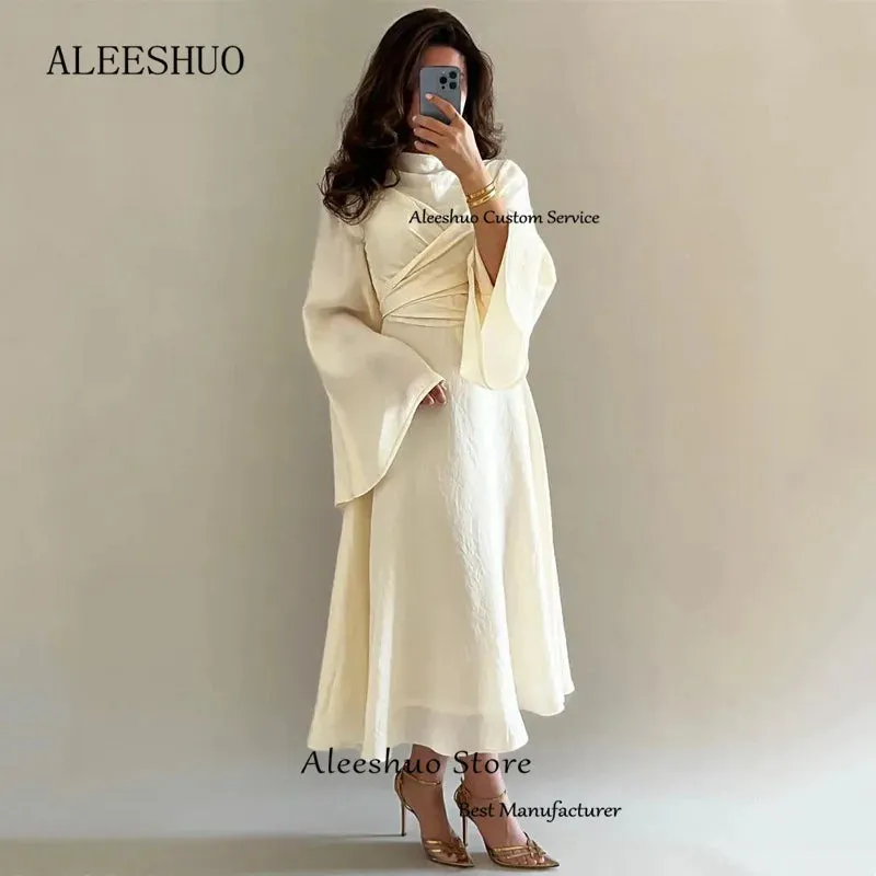 LVSANW Aleeshuo Simple Saudi Arabia Solid color Long Sleeve Vestidos De Noche A-Line Pleated Chiffon O-Neck Prom Dress Ankle-Length