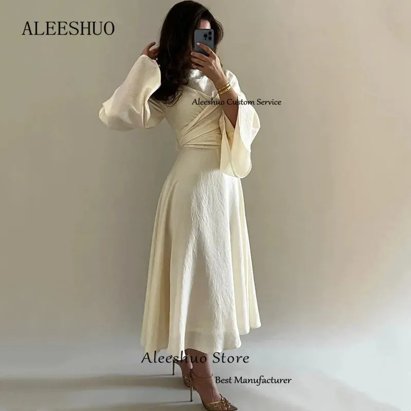 LVSANW Aleeshuo Simple Saudi Arabia Solid color Long Sleeve Vestidos De Noche A-Line Pleated Chiffon O-Neck Prom Dress Ankle-Length