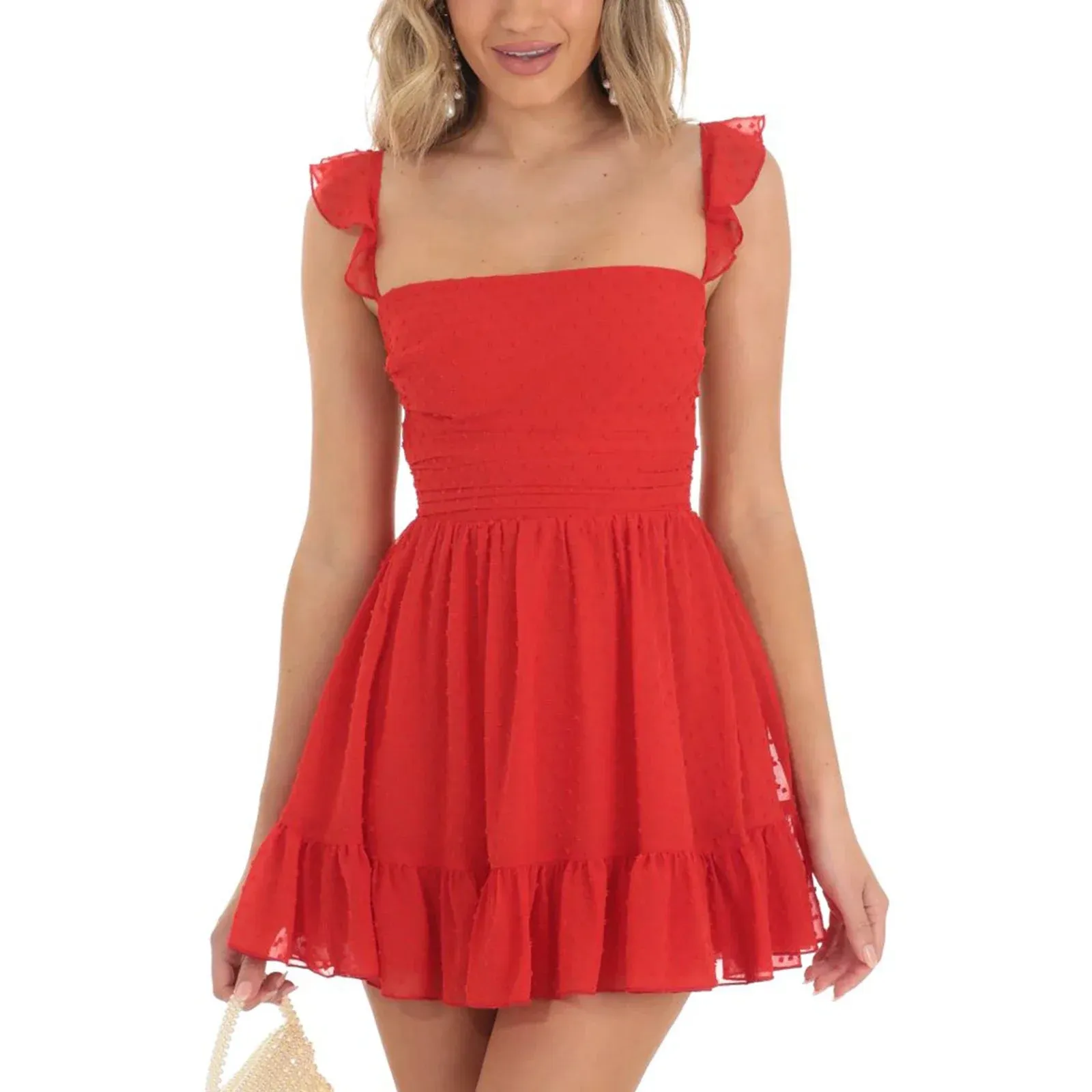 LVSANW Elegant Women Summer Lace Floral Patchwork Corset Mini Dress Sleeveless Square Neck Tie-up Short Tank A-line Flowy Party Dress