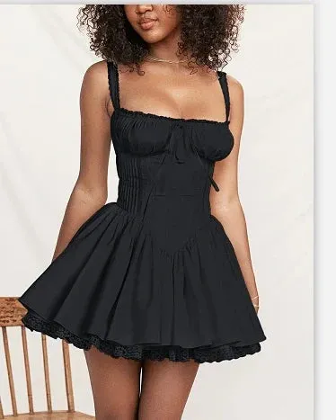 LVSANW Elegant Women Summer Lace Floral Patchwork Corset Mini Dress Sleeveless Square Neck Tie-up Short Tank A-line Flowy Party Dress