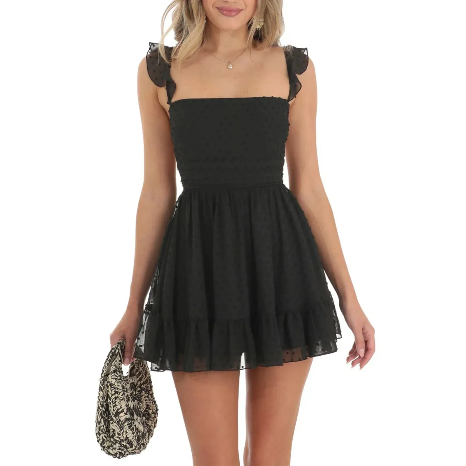 LVSANW Elegant Women Summer Lace Floral Patchwork Corset Mini Dress Sleeveless Square Neck Tie-up Short Tank A-line Flowy Party Dress